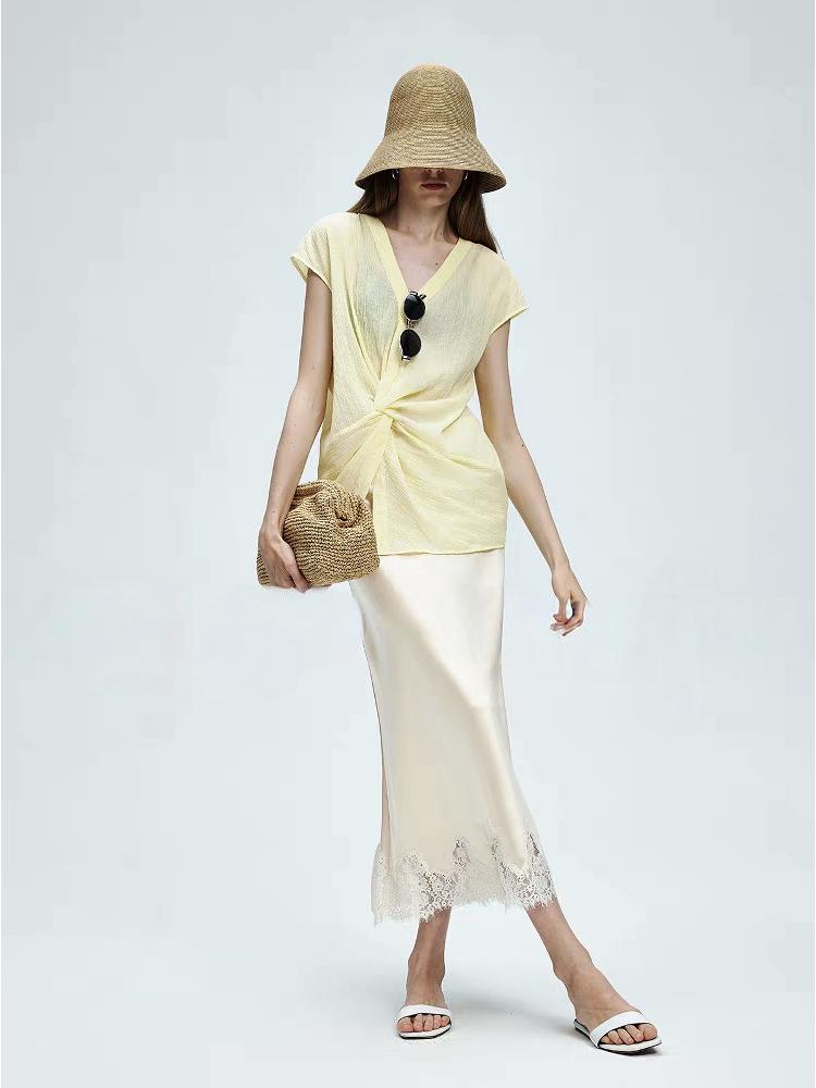 Glossy Satin French Lace Trim Midi A-line Skirt with Elastic Waist