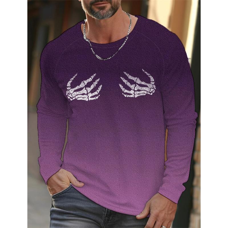 Skull Hand Printed Pullover Autumn and Winter Men's Casual Long Sleeve Round Neck Sweatshirt Gradient Color Men's Clothing