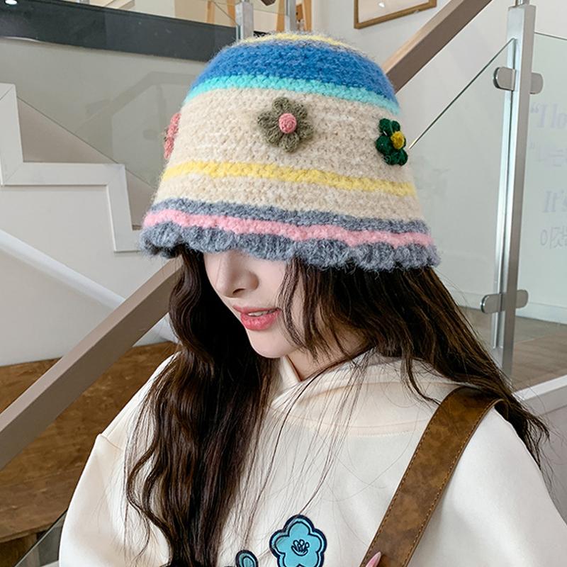 Knitted Basin Hat Autumn Winter Wool Hat Women's Colorful Flower Fisherman Hat