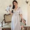 Sexy Nightdress Women's Ice Silk Summer 1011 New V-neck Lace Pure Desire Wind Medium and Long Pajamas Loungewear Can Be Worn Outside