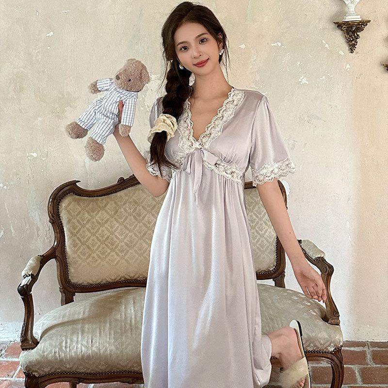 Sexy nightgown women's ice silk summer new V-neck lace pure desire wind medium and long pajamas loungewear can be worn outside