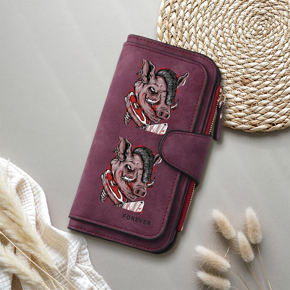 Gothic Boar Print Long Wallet Forever Leather Card Holder Fashionable Daily Cash Purse For Cool Style Users