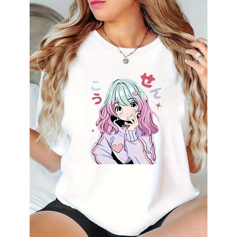 

Women S Casual Round Neck Short Sleeve T-Shirt with Cute Anime Print, Fashion Trendy Knit Polyester Tee, Comfortable Summer Top for All Seasons S белый
