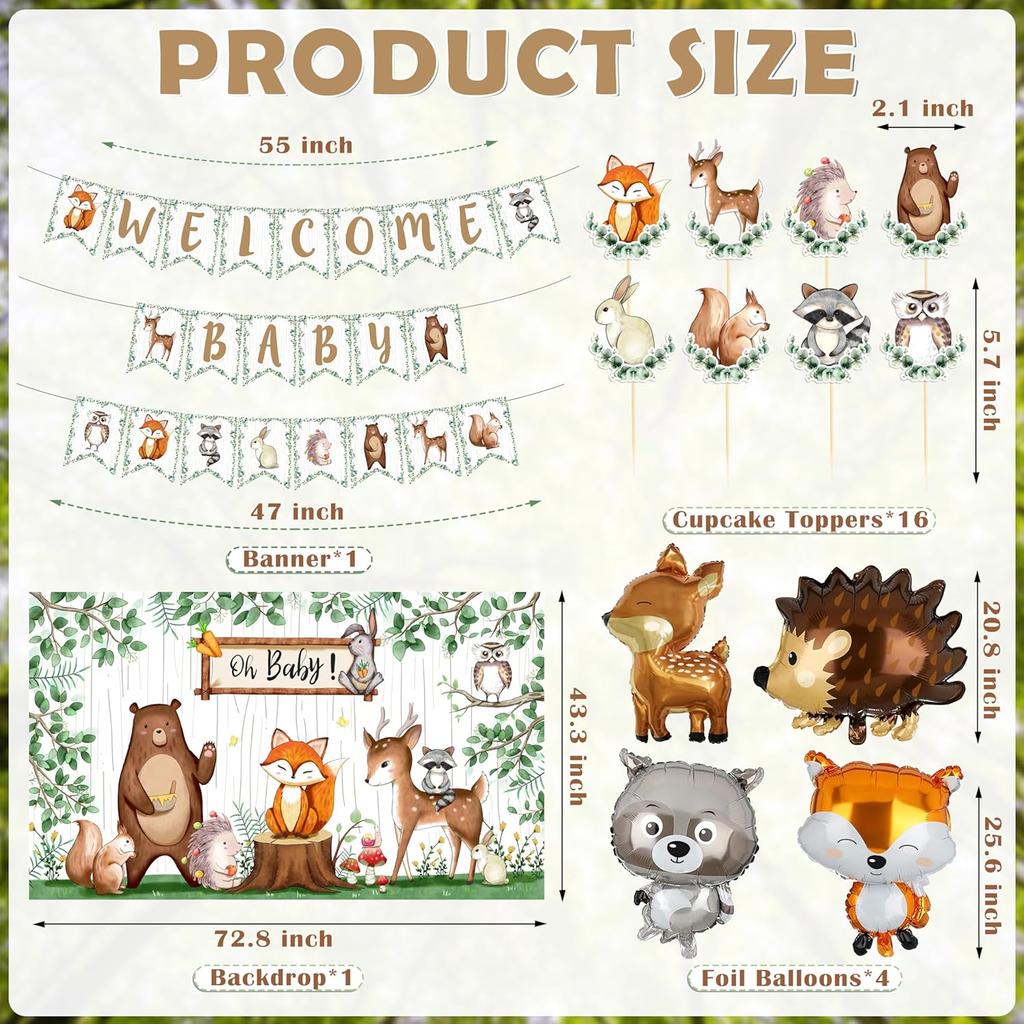 BORAMDO Woodland Animals Baby Shower Decoration Pack Forest Animal Neutral Gender Reveal Party Supplies Woodland Themed Birthday Party Ideas Set 106