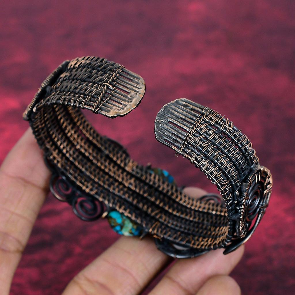 Copper Chrysocolla Bangle Copper Wire Wrapped Adjustable Moonstone Cuff Bracelet