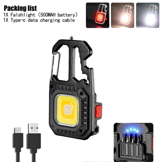 COB Keychain Work Light with Battery Display 7 Modes Rechargeable High Lumens Portable LED Light for Camping Hiking Running