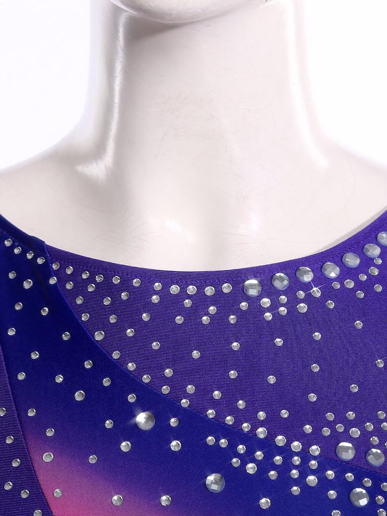 Damen Gradient Leotard Kleid Langarm Ärmellos Strasssteine Unregelmäßiger Netzsaum Eiskunstlauf Ballett Body