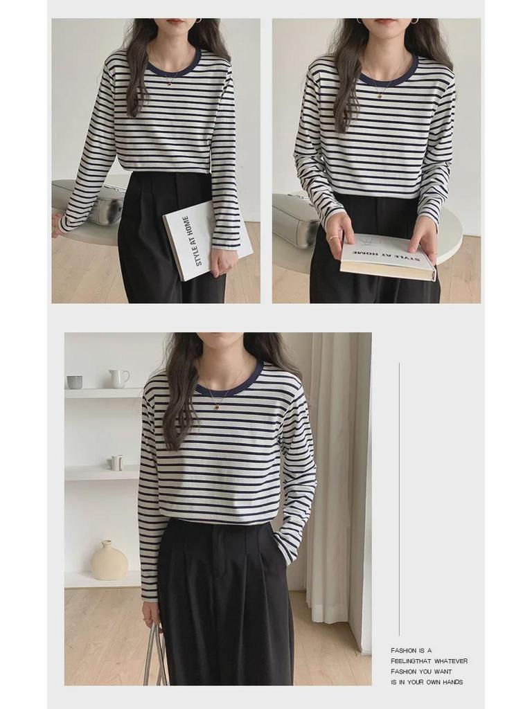 Women's Spring 2025 Green Striped Long-Sleeve Round Neck T-Shirt: Loose-Fit, Slim-Style, Commuting Top