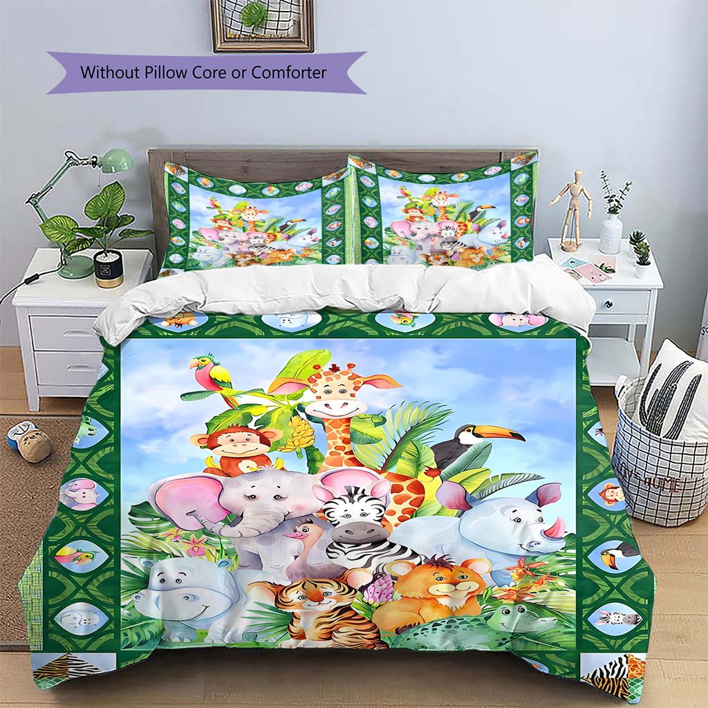 Cartoon Animals Pattern Bedding Quilt Set Quilt Cover Pillowcase Home Decoration Gift (1 * duvet cover + 2 * pillowcase, without core)