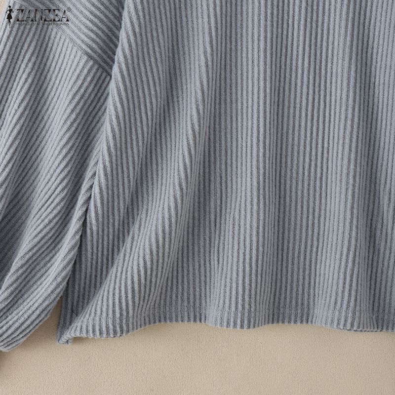 ZANZEA Autumn Women Bows Splice Crew Neck Long Sleeve Ribbed Texture Loose Blouse