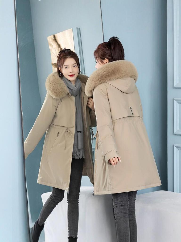 Women's Mid-length Parka with Large Fur Collar - Warm, Slimming Cotton Jacket, Korean Style Winter Outerwear