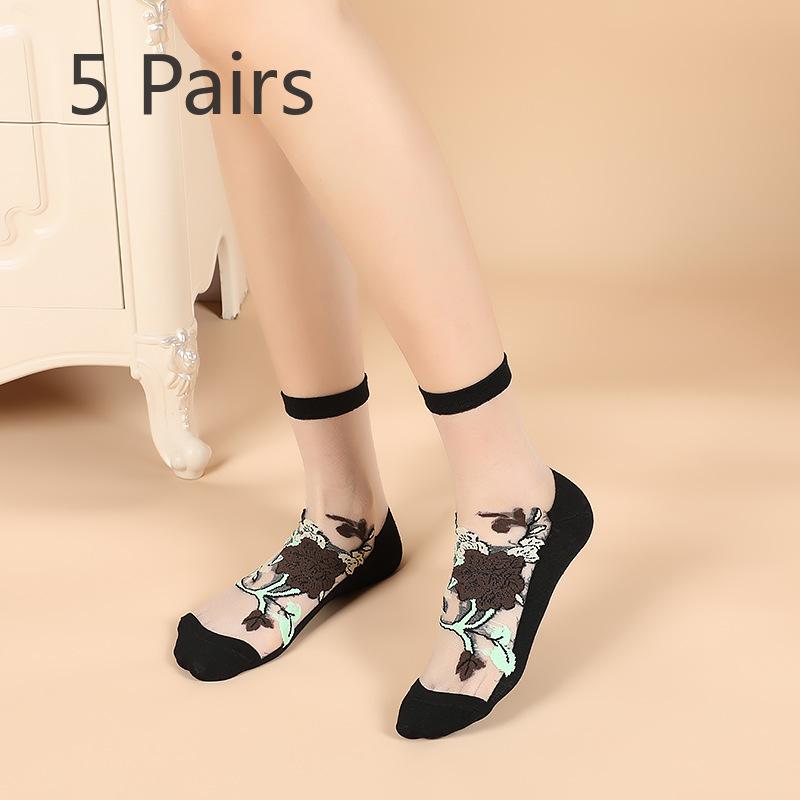 5 Pairs of Women's Summer Thin Fashion New Flower Tube Crystal Stockings