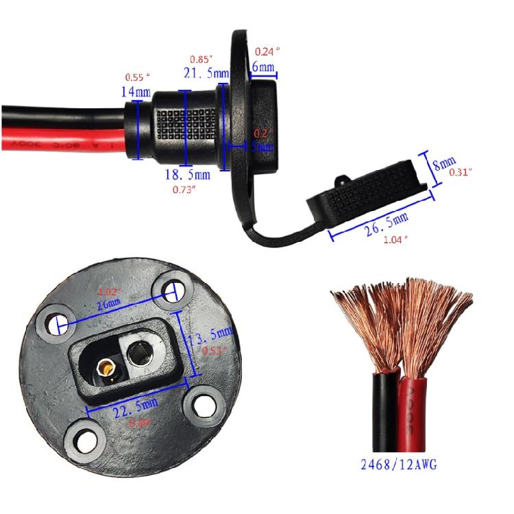 Weatherproof SAE Socket Sidewall Port Extension Cable Quick Connect Panel 12AWG