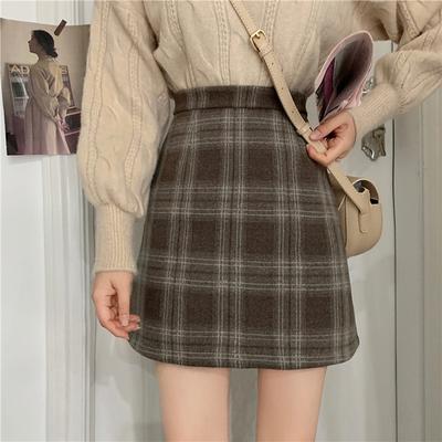 Fuste de damă de toamnă și iarnă Fusta cu jumătate de corp Versiunea coreeană de tweed în carouri Fusta scurtă cu talie înaltă Fusta subțire în carouri A Word