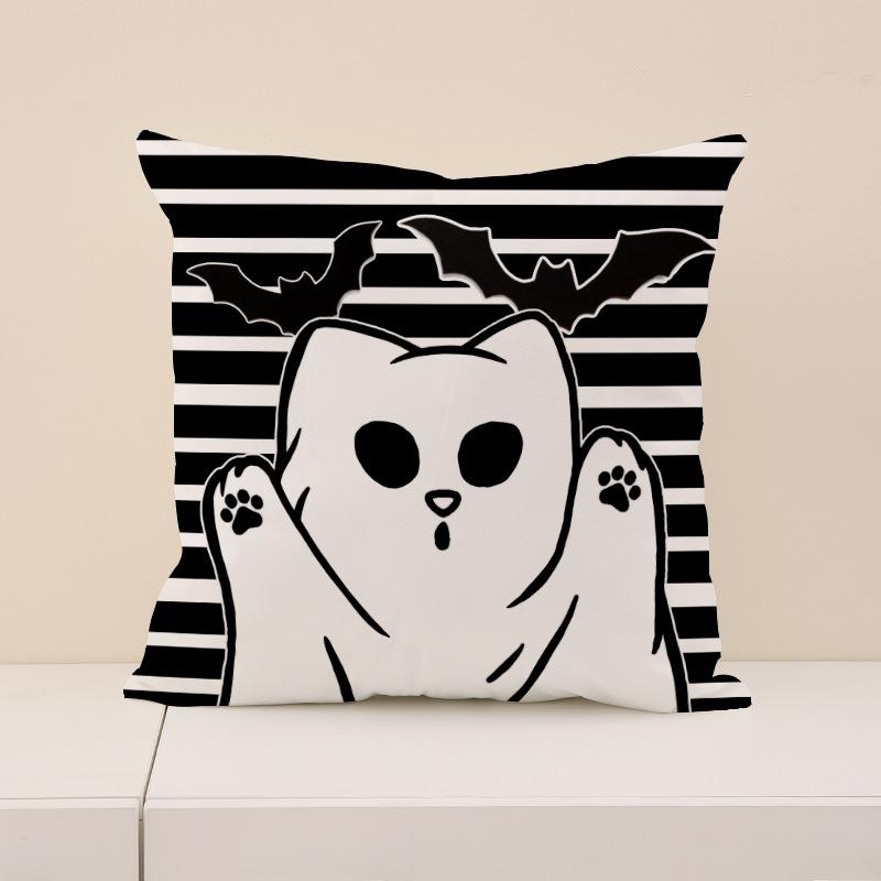 

Halloween Black Cat Short Plush Cushion Cover Ghost Stripe Print Cushion Home Living Room American Sofa Cushion Cover 45X45cm (pillowcase only)