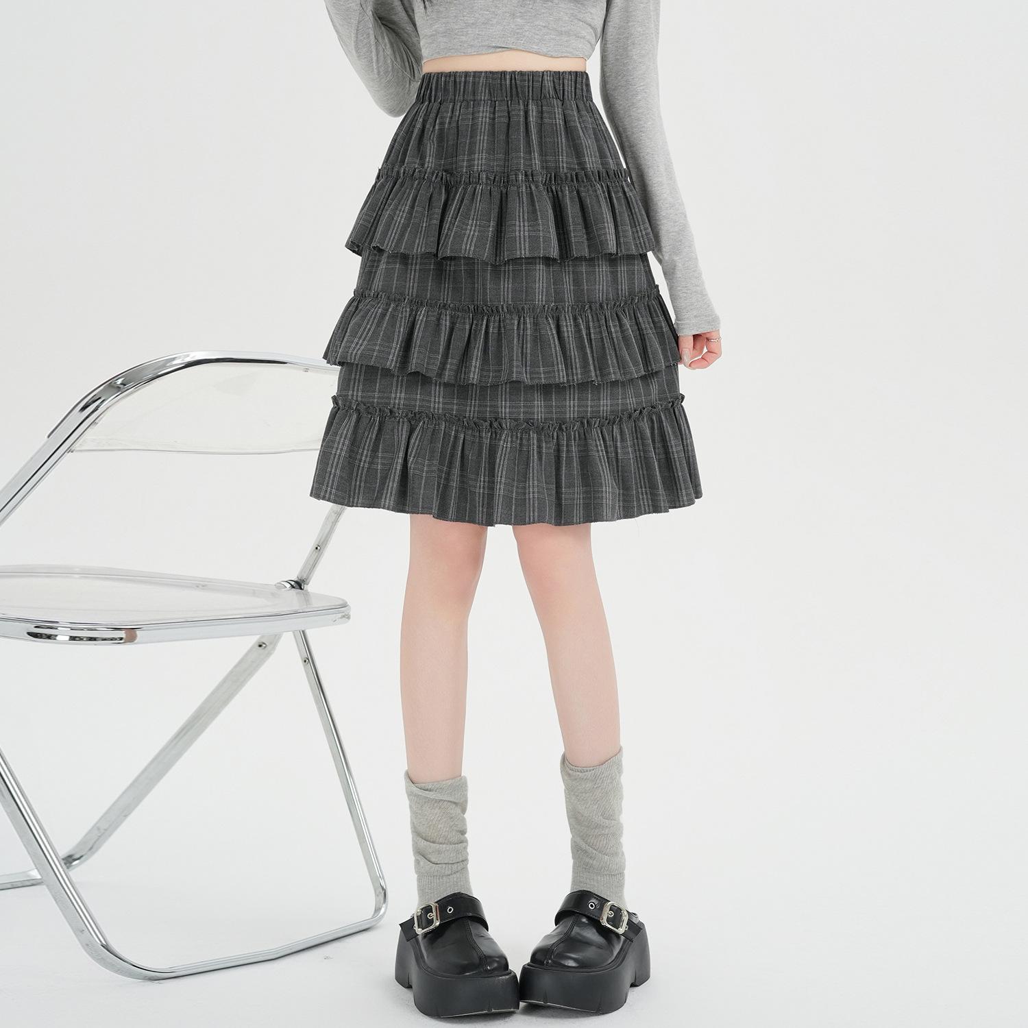2026 Spring Retro Gray Layered Ruffle Plaid Midi Skirt for Women M