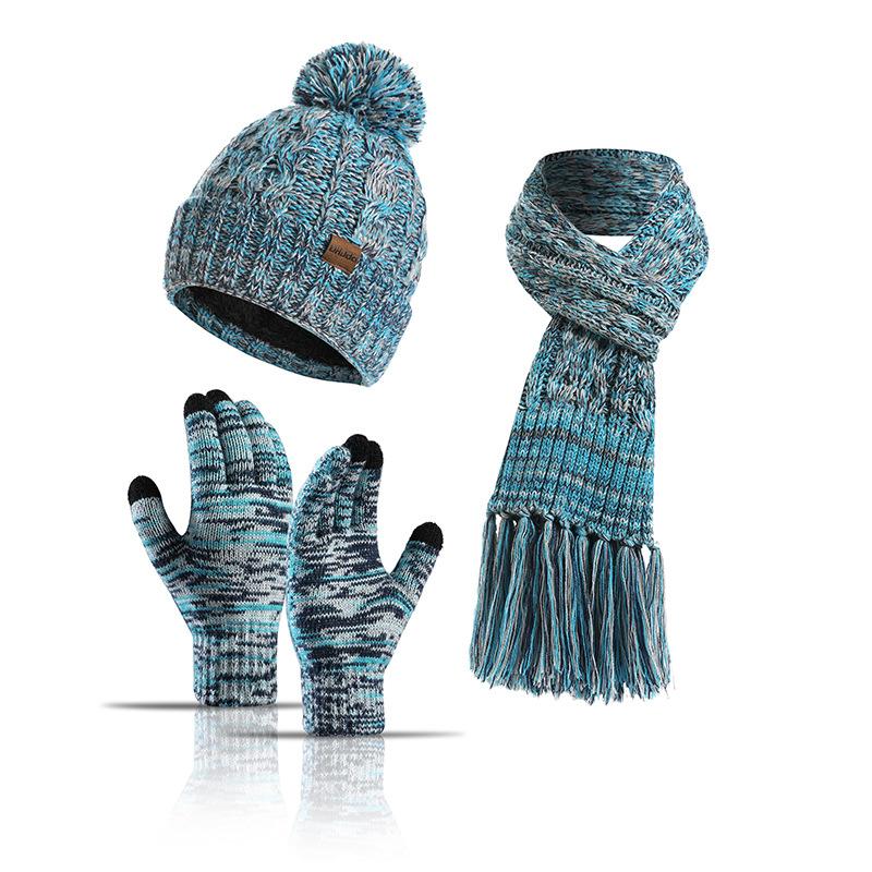 Winter Hat New Style Knitted Wool Colorful Hat Thick Scarf Gloves Three-piece Set