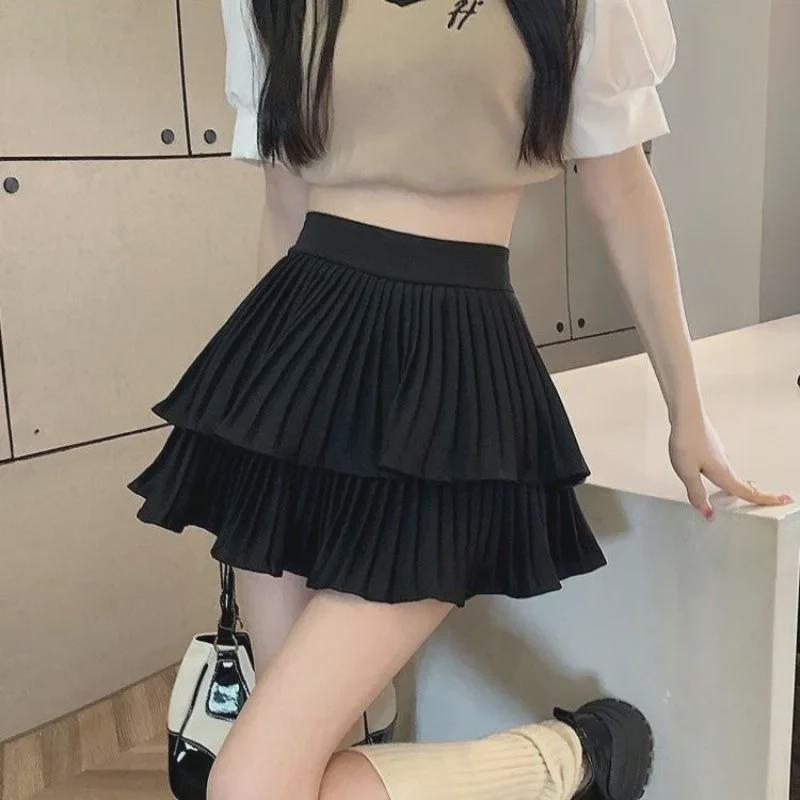 Fustă plisată cu strat dublu, cu talie înaltă, inspirată de balet - Dulce și drăguță, Slim, Anti-expunere, Stil de vară
