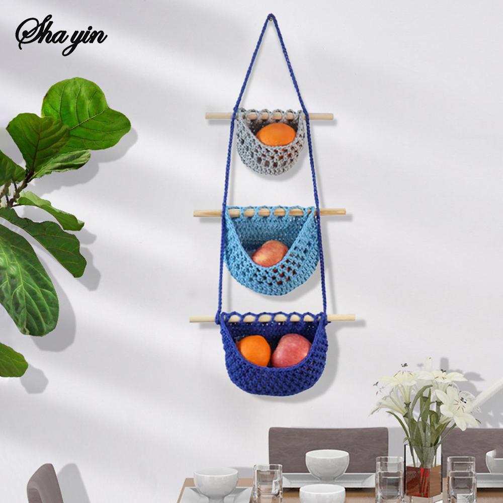 1PC Three-Layer Fruit Hanging Basket, Detachable Wall-Mounted Fruit Net Bag, Simple Woven Bag Vegetable And Fruit Basket