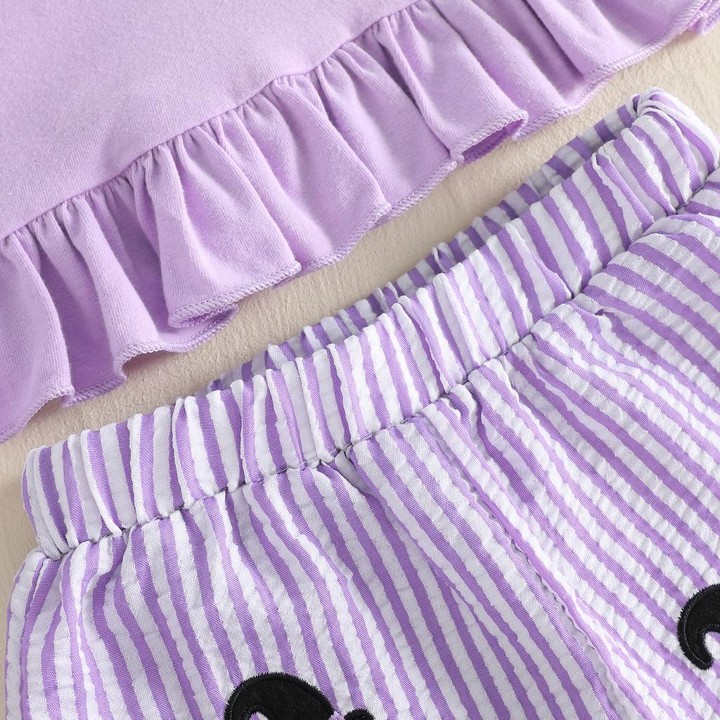 Citgeett Summer Halloween Kids Toddler Baby Girl Outfit Pumpkin Face Embroidered Short Puff Sleeve Ruffled Tops Striped Shorts