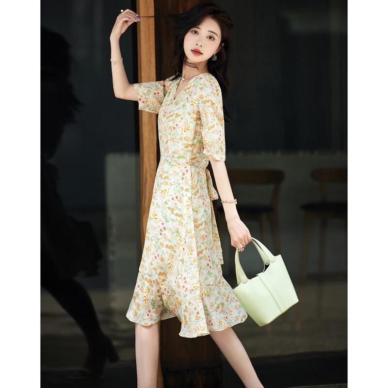 Gentle Sunset Floral Mulberry Silk V-Neck Dress