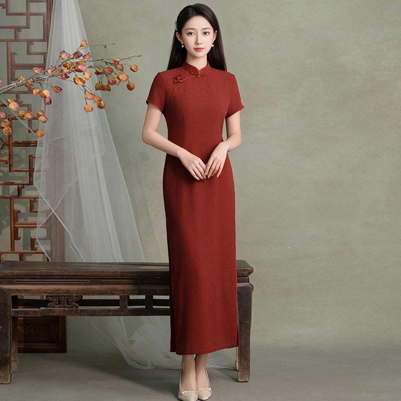 Red National Style New Chinese Long Improved Cheongsam Women's High-end Bridal Toasting Dress Summer