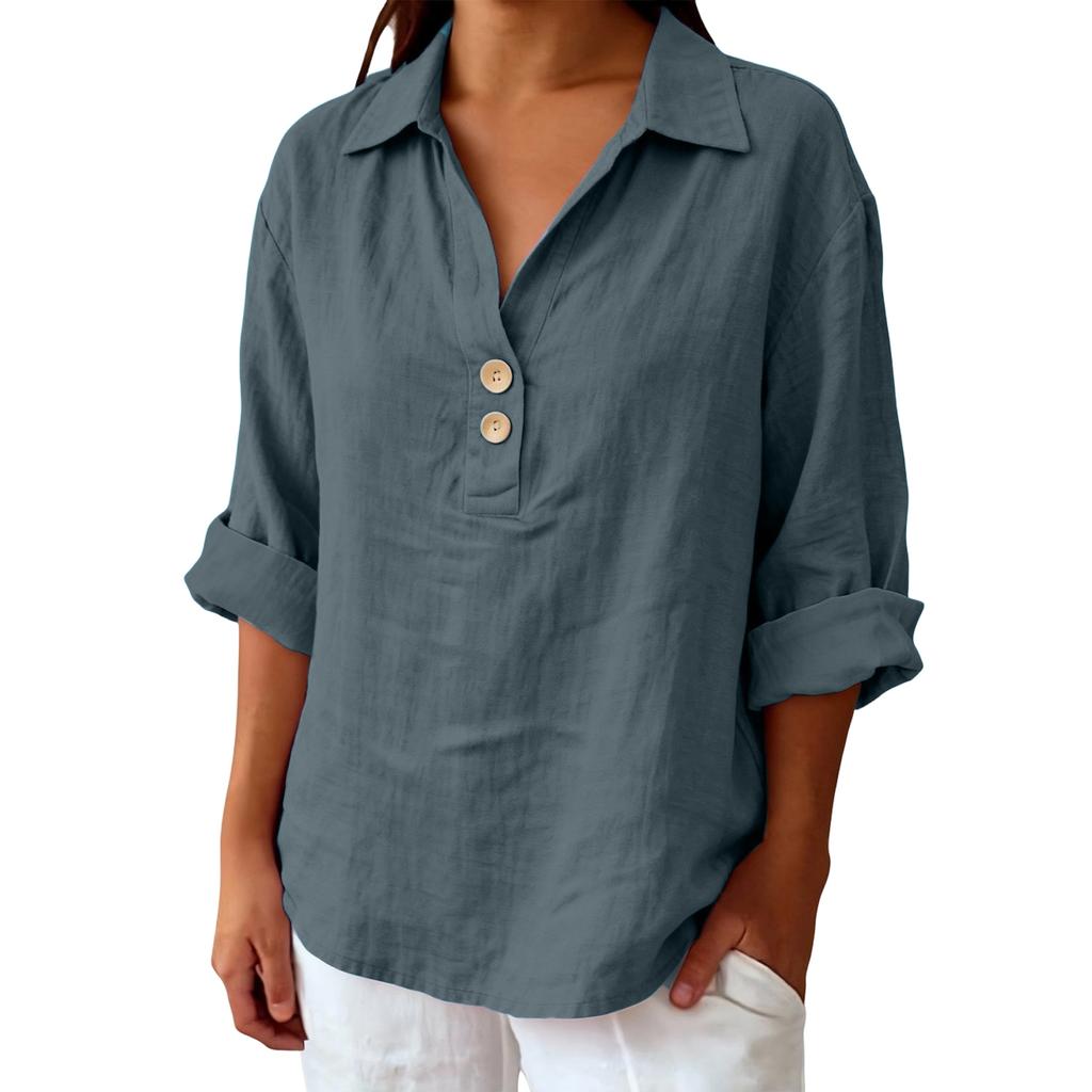 Women's Shirt Seven-Sleeve Lapel Cotton Linen Top Solided Color Casual Breathable Lapel Shirt