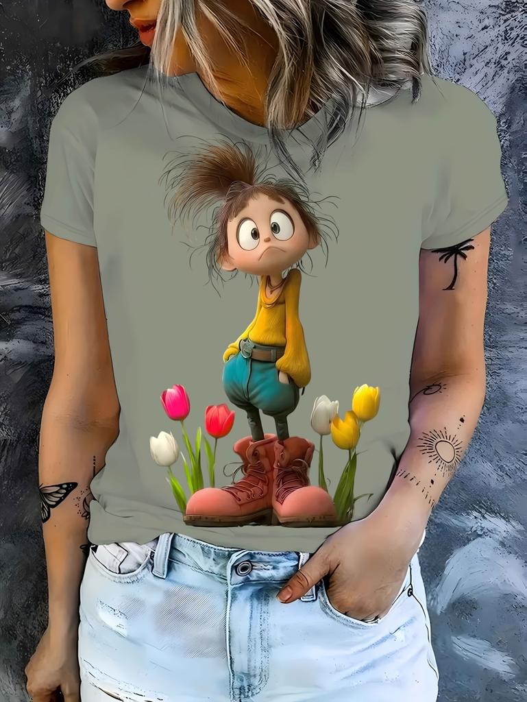 Women's Short Sleeved T-Shirts Cute Cartoon Girl Graphic Summer Casual Women's O-Neck Y2k Tops T-Shirt Street Elegant Clothing
