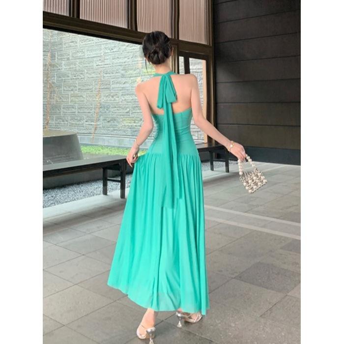 French diamond neck design waist pinching skirt v-neck seaside vacation dress sexy pure desire style medium and long skirt