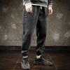 Mid-Rise Elastic Waistband Drawstring Shrinkable Cuffs Casual Jeans Men Multi Pockets Hip Hop Denim Jogging Pants Streetwear