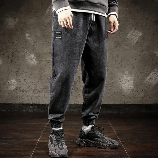 Mid-Rise Elastic Waistband Drawstring Shrinkable Cuffs Casual Jeans Men Multi Pockets Hip Hop Denim Jogging Pants Streetwear
