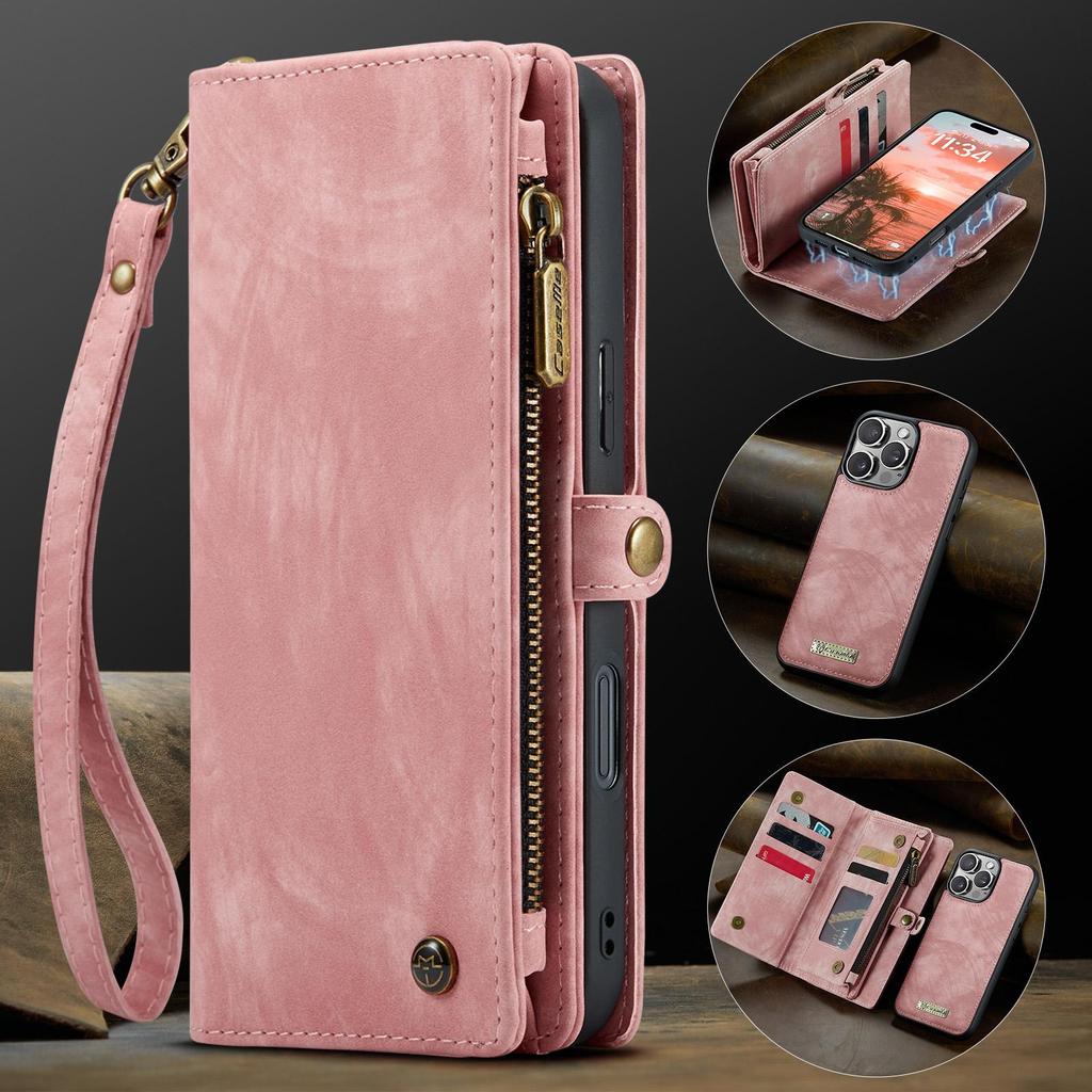 CaseMe-008 For iPhone 16 Pro Max Removable 2-in-1 Zipper Wrise Strap Multi-functional Wallet Case Card Slots Phone Cover