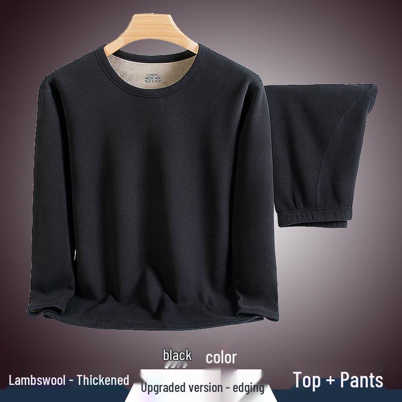Conjunto de Roupa Íntima Térmica Masculina - Veludo Espessado, Gola Redonda, Cor Sólida, Camada Base de Lã de Cordeiro para Outono e Inverno.