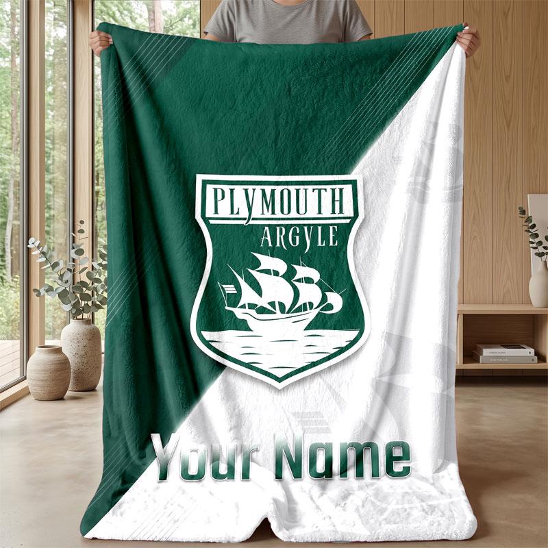 Coperta Flanella con Testo Nome Personalizzato Plymouth Argyle FC Logo Calcio Plaid Pile Personalizzato Regalo Speciale per Divano Camera da Letto Casa
