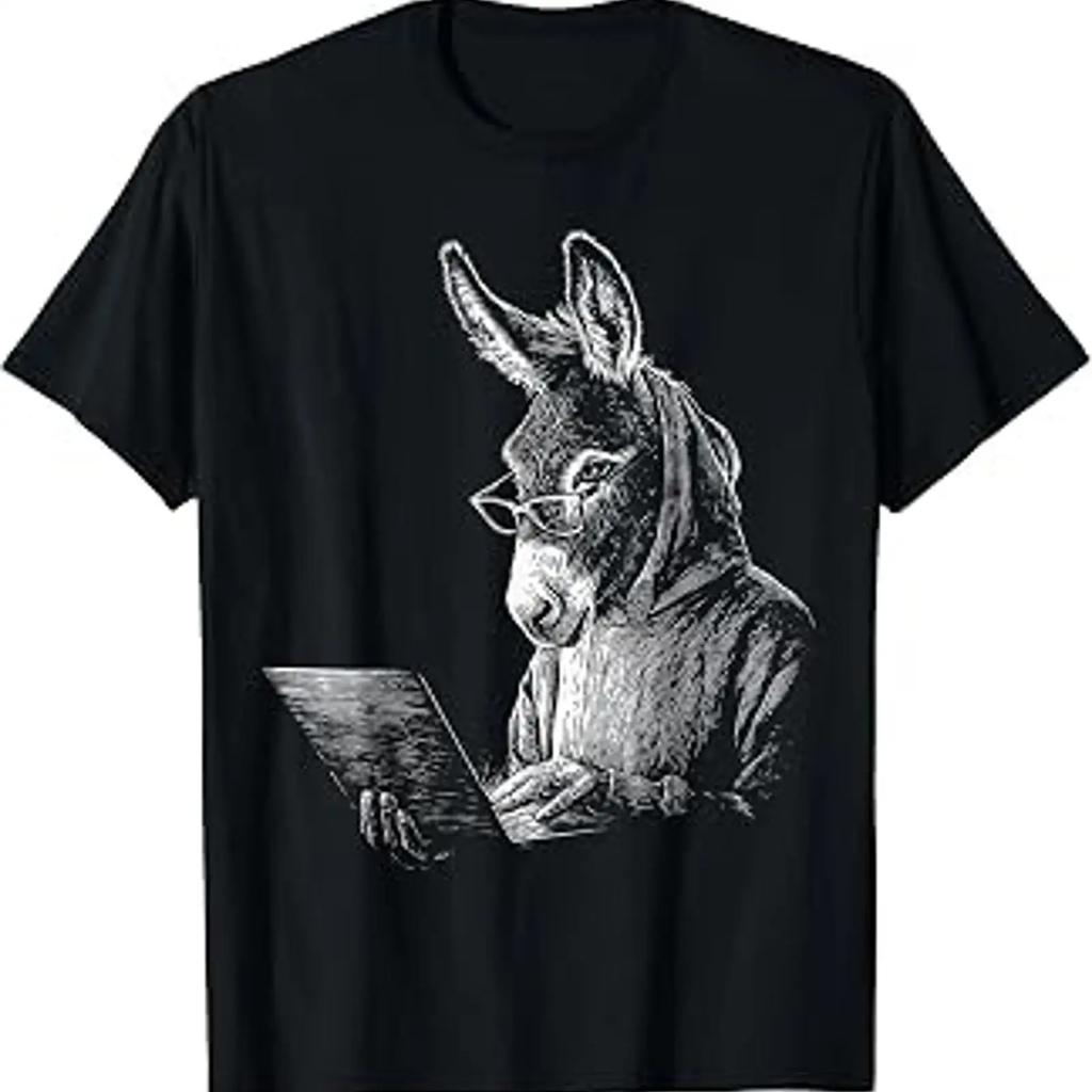 Image Of Donkey With Laptop Glasses Art Drawing Animal Motif T Shirt Vintage Casual Soft Slightly Streetwear Stylish