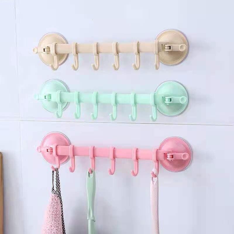 Adjustable Suction Cup Towel Rack Storage Box 6 Hooks Bathroom Kitchen Cabinet Wall Door Shelf Suction Cup Hanger