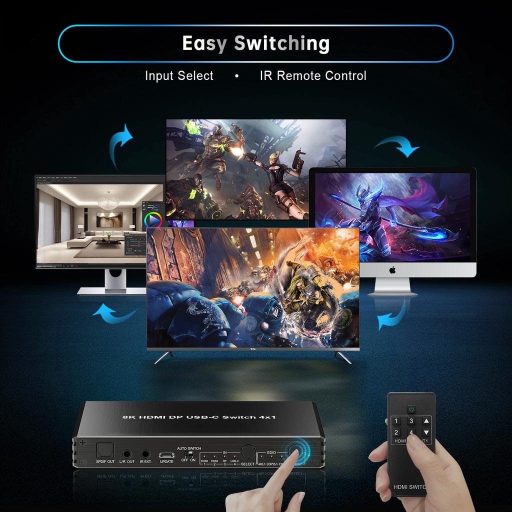 4k120Hz Hdmi2.1 Switch USB-C DP 4 in 1 OUT HDCP 2.3  4-Port HDMI Switcher with Audio Extractor Vision Remote Control