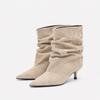 Autumn and Winter New Stacking Boots for Women, Pointed Thin Heel Medium Boots, Suede Pleated Thin Boots, High Heel Short