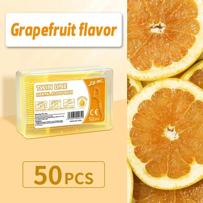 50pcs/box Fruit Flavored Flosser Portable Double Thread Dental Stick Oral Cleaning Floss Toothpick Teeth Cleaning Floss Stick None