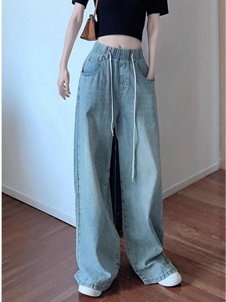 Pantaloni in Denim Elasticizzati a Vita Alta Taglie Forti Donna Primavera Estate - Dimagranti Dritti Larghi a Gamba Larga Lunghezza Pavimento
