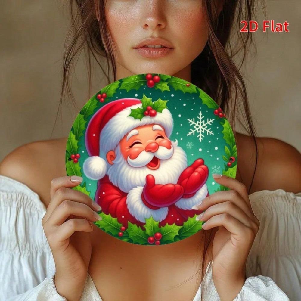 Vintage Santa Claus Teal Round Metal Wall Art Christmas Gift Cookies Holiday Decoration 7.8 Inch Indoor Home Office Party Decor