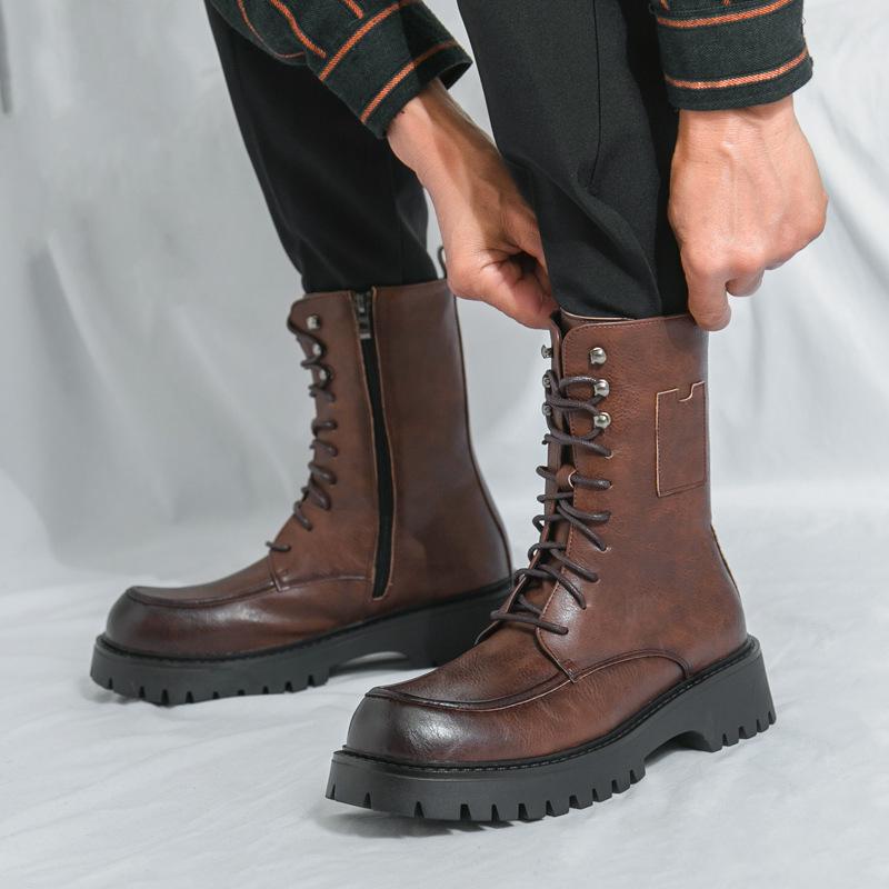 Men's British Style Leather High-Top Martin Boots - Autumn/Winter, Thick Sole, Height-Increasing, Long Lace-Up, Motorcycle Design.