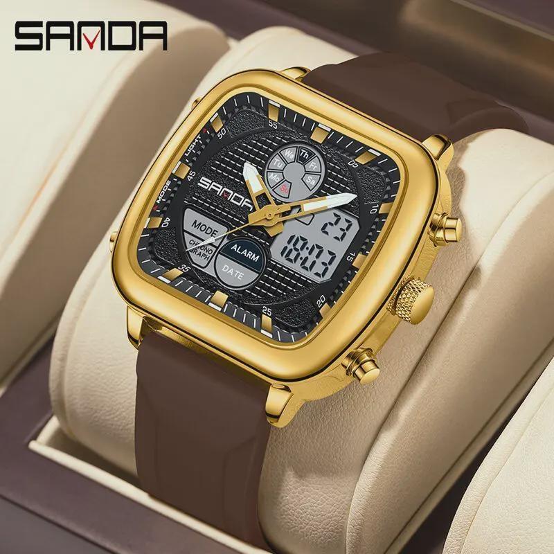 SANDA Retro Square Double Display Electronic Watch Night Light Waterproof Business Leisure Men's Watches Sports Silicone Strap Wristwatch