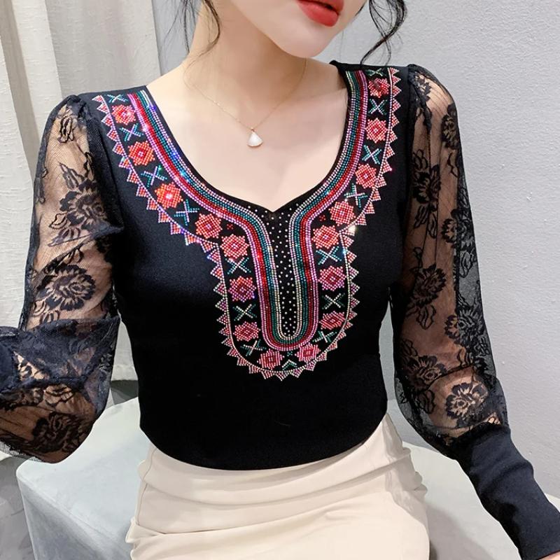 Spring Autumn European Clothes Women's T-Shirt Sexy Lace Long Sleeve Mesh Tops Chic Vintage Luxury Hot Diamonds Tees Shirts