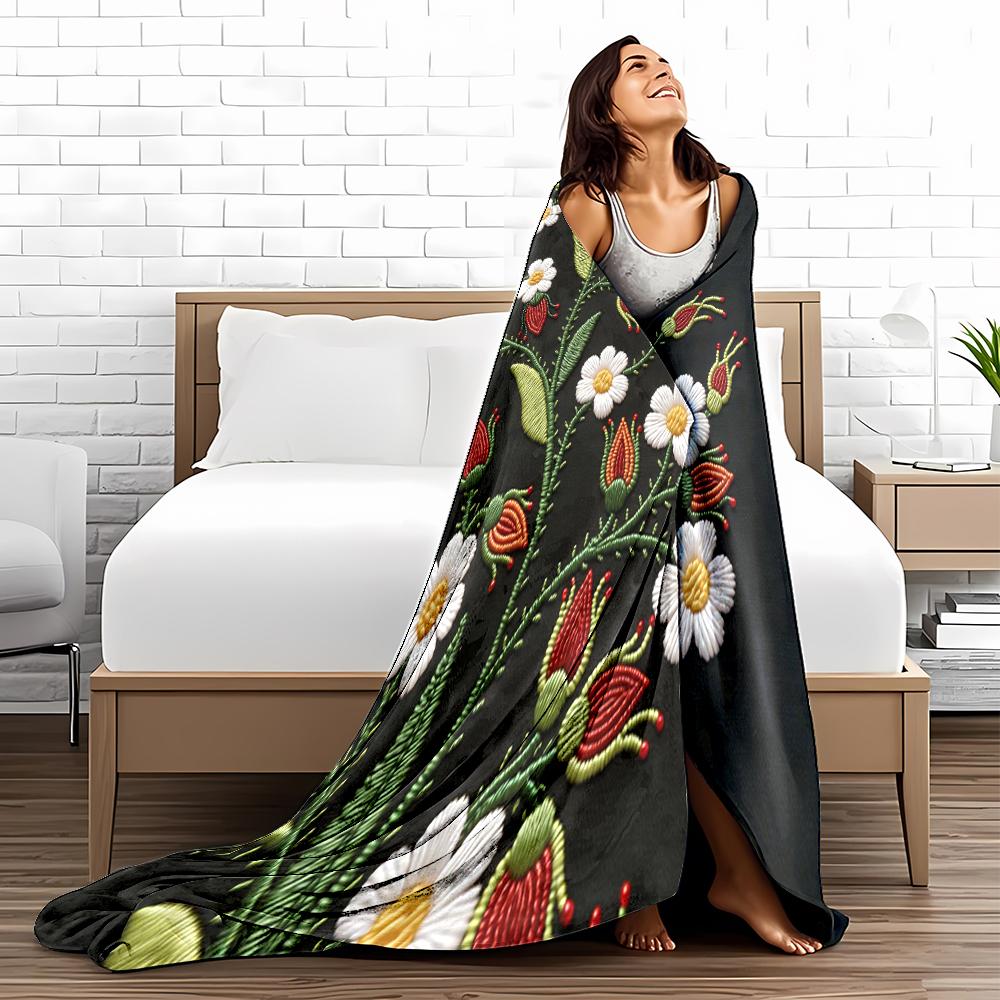 Floral Embroidered Pattern Blanket with White Flowers and Green Leaves Blanket, Suitable for Use In the Bedroom, Living Room, On the Sofa