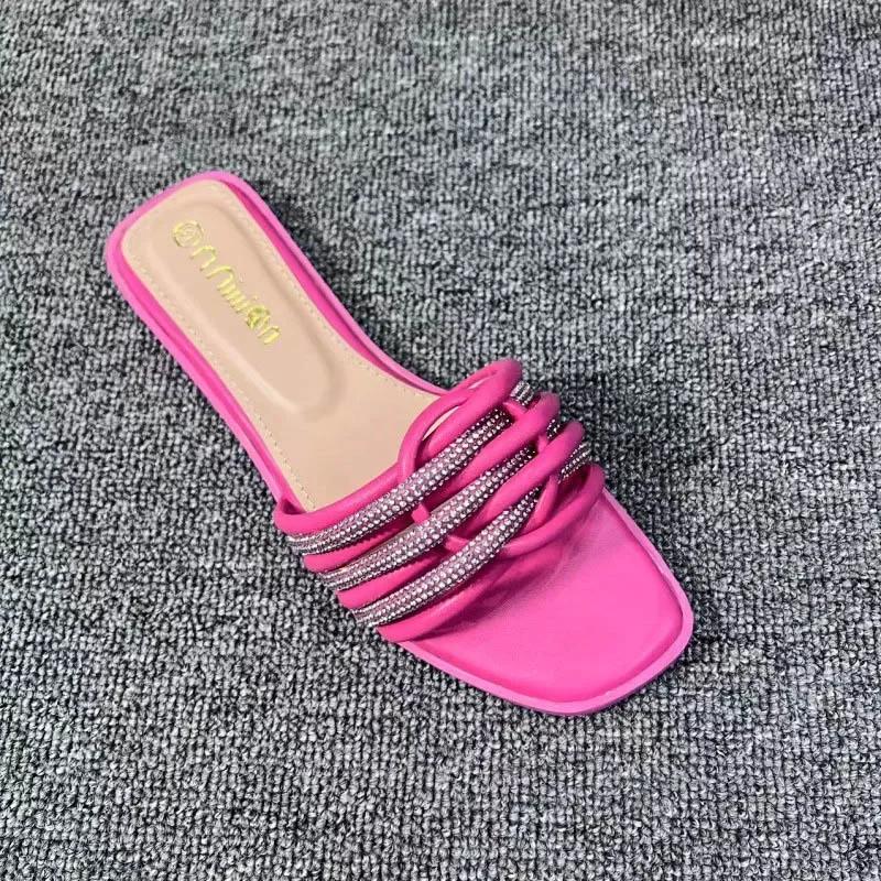 New Crystal Stone Stripes Slippers for Women Shoes Fashion Luxury Designer Flat Slides Rhinestone Sandals Chaussure Femme