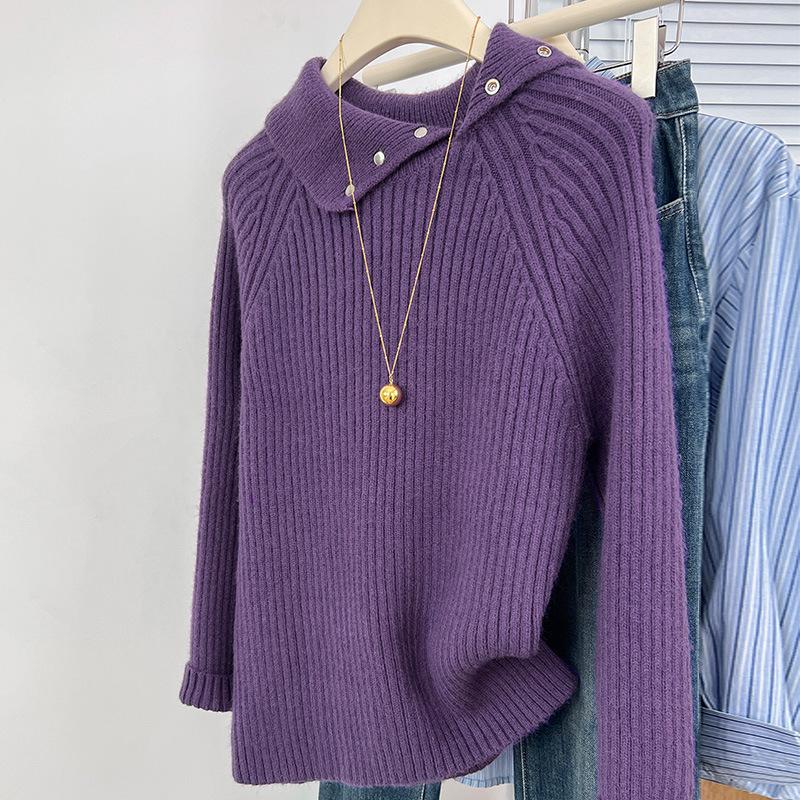 Knitted Base Blouse for Women In Autumn and Winter Latest Leisure Slim and Versatile Lapel Sweater for Women One Tone Top