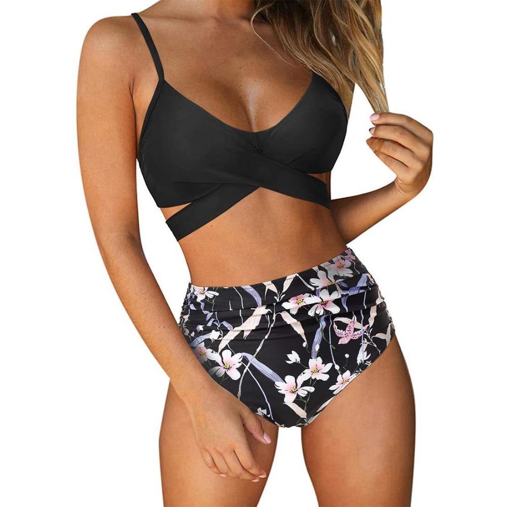 Europäischer und amerikanischer Bikini-Badeanzug für Damen mit hoher Taille und geteilter Cross-Bag