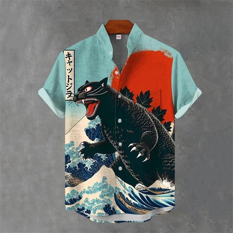 Japanese Animal Graphic Men's Shirt Summer Casual Short Sleeve Tops Hawaiian Tiger Shirts Men Oversized Lapel Button T-Shirt Man
