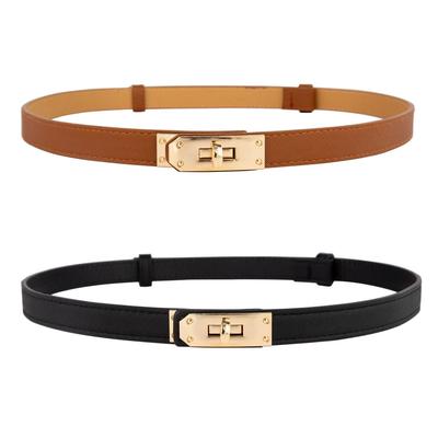 Adjustable Lychee Grain Leather Women's Belt with Retro Gold Buckle - Perfect for Suits & Dresses